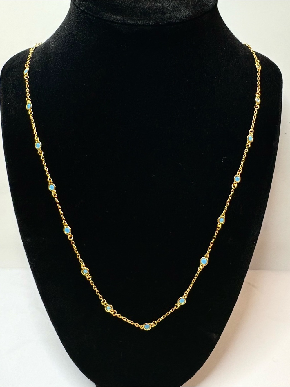18k Gold Plated Long Gold Chain Necklace with Blue Opal Bezel Accents.